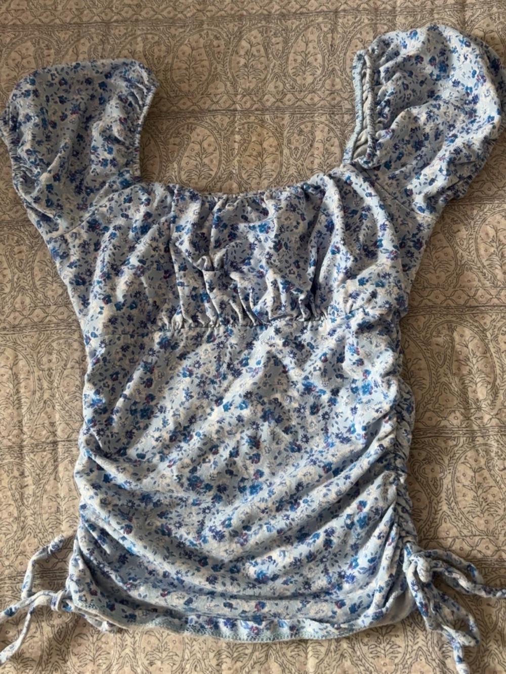 Floral Blue Puff-Sleeve Ruched Blouse